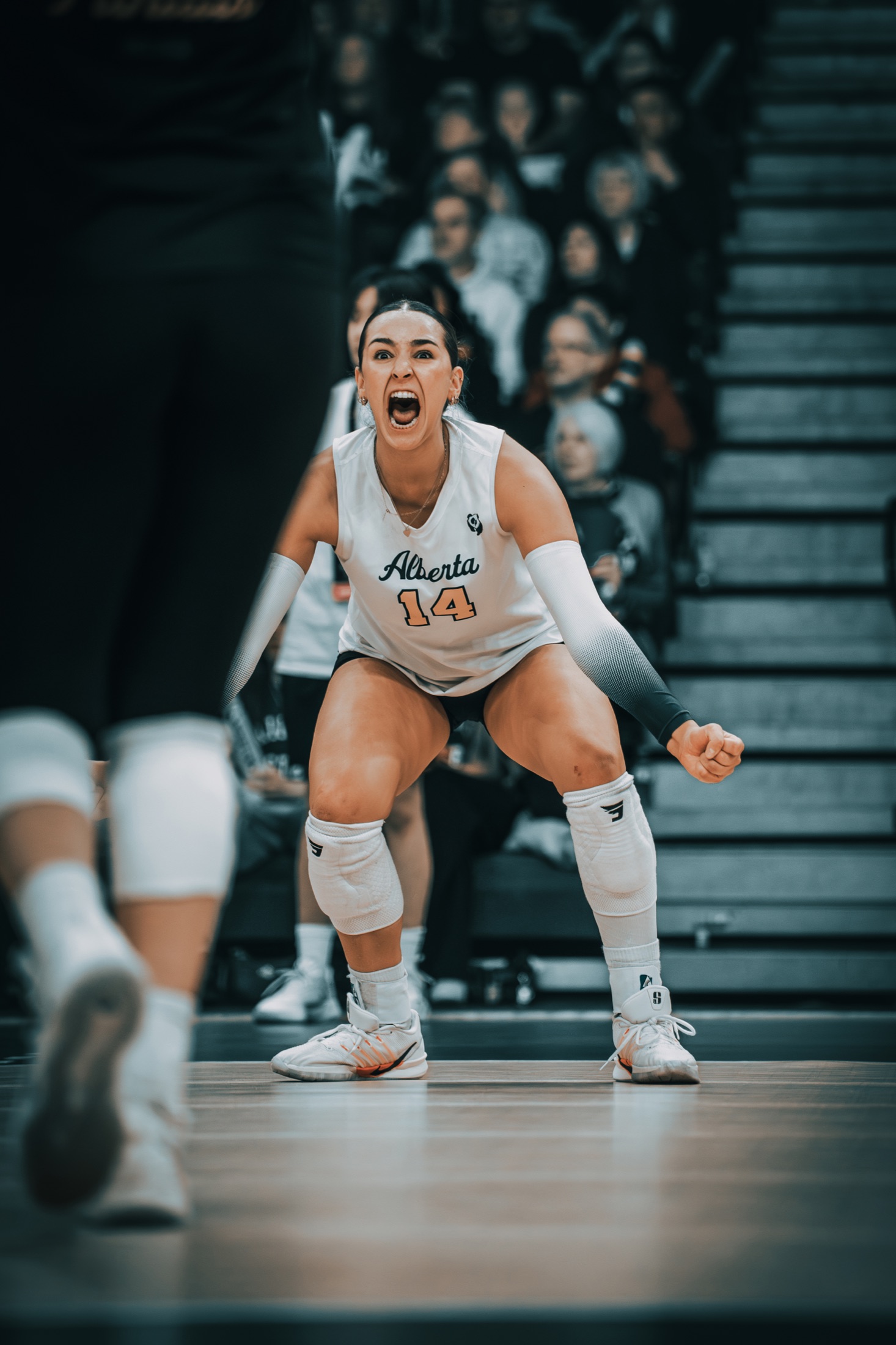 A volleyball athlete celebrating on court in white Jumplete knee pads.